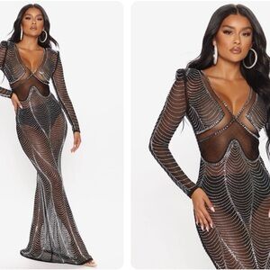 Fashion Nova Sheer Black and Silver Long Sleeve Dress